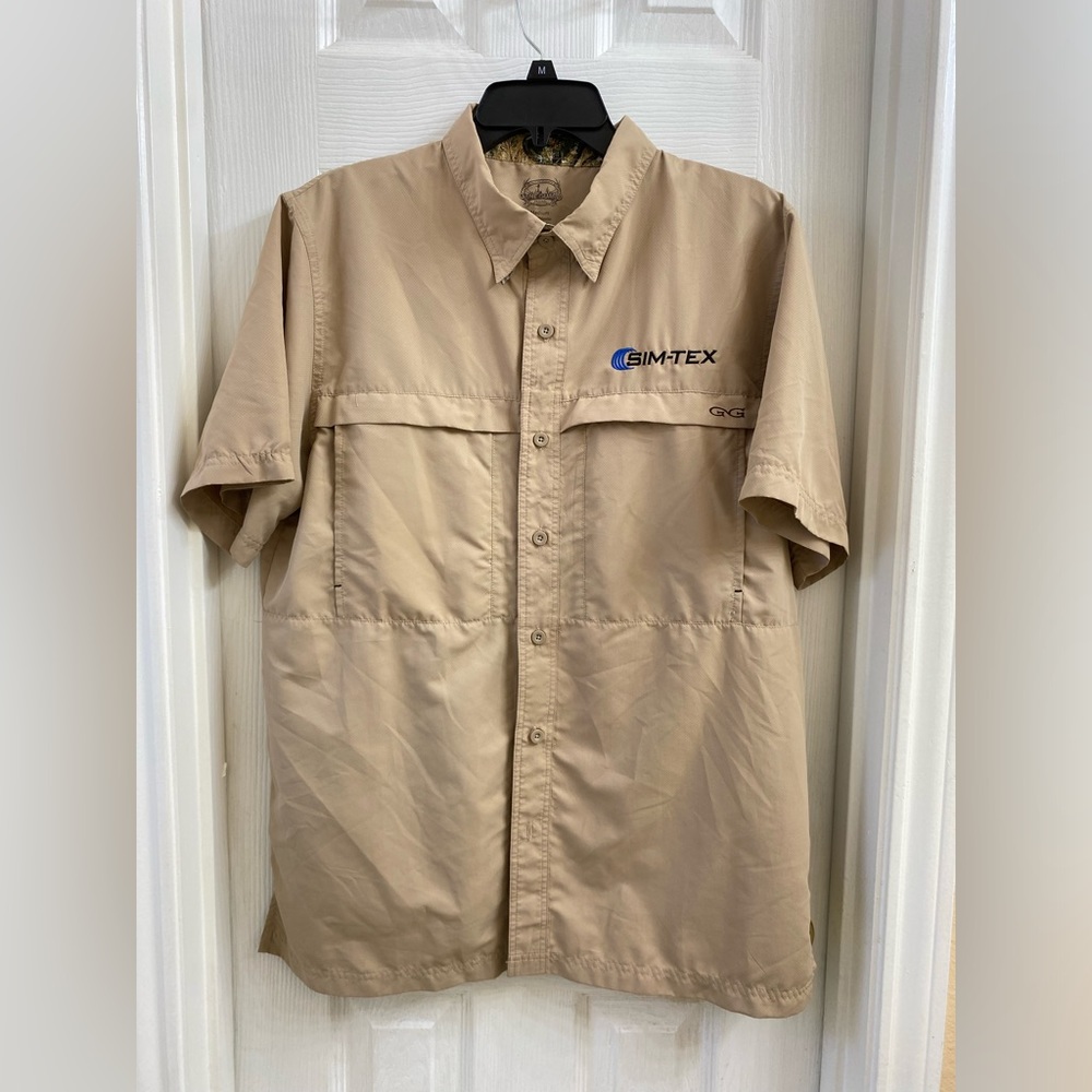 Game Guard Shirt Mens Size M Brown Hunting Short Sleeve Vented Logo Button Up